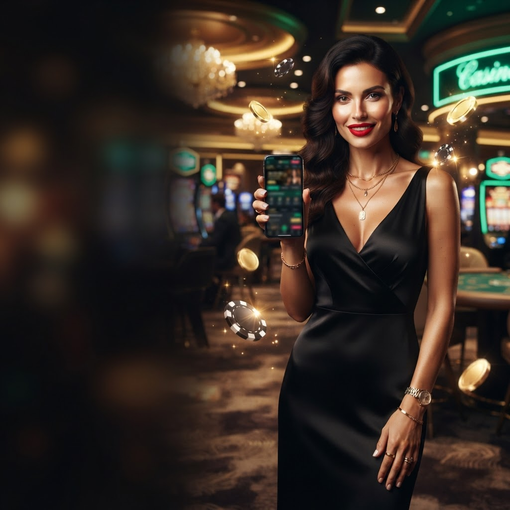 Glamorous woman holding a luxury smartphone in a casino